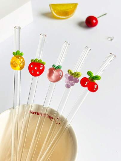 1Pc/1Set Reusable Glass Straws With Fruit Stuff,Shatter Resistant Bent Clear Glass Drinking Straw Cutlery Set, For Kitchen Accessories,Straw Topper,Water Cup,Cold Drinks, Milk Tea, Coffee, Juice, Smoothies, Home, Restaurants, Cocktail Parties, Back-To-School,Funny Gifts For Girlfriends/Boyfriends, Parents, Friends, Holiday Supplies.New Year, Valentine's Day.