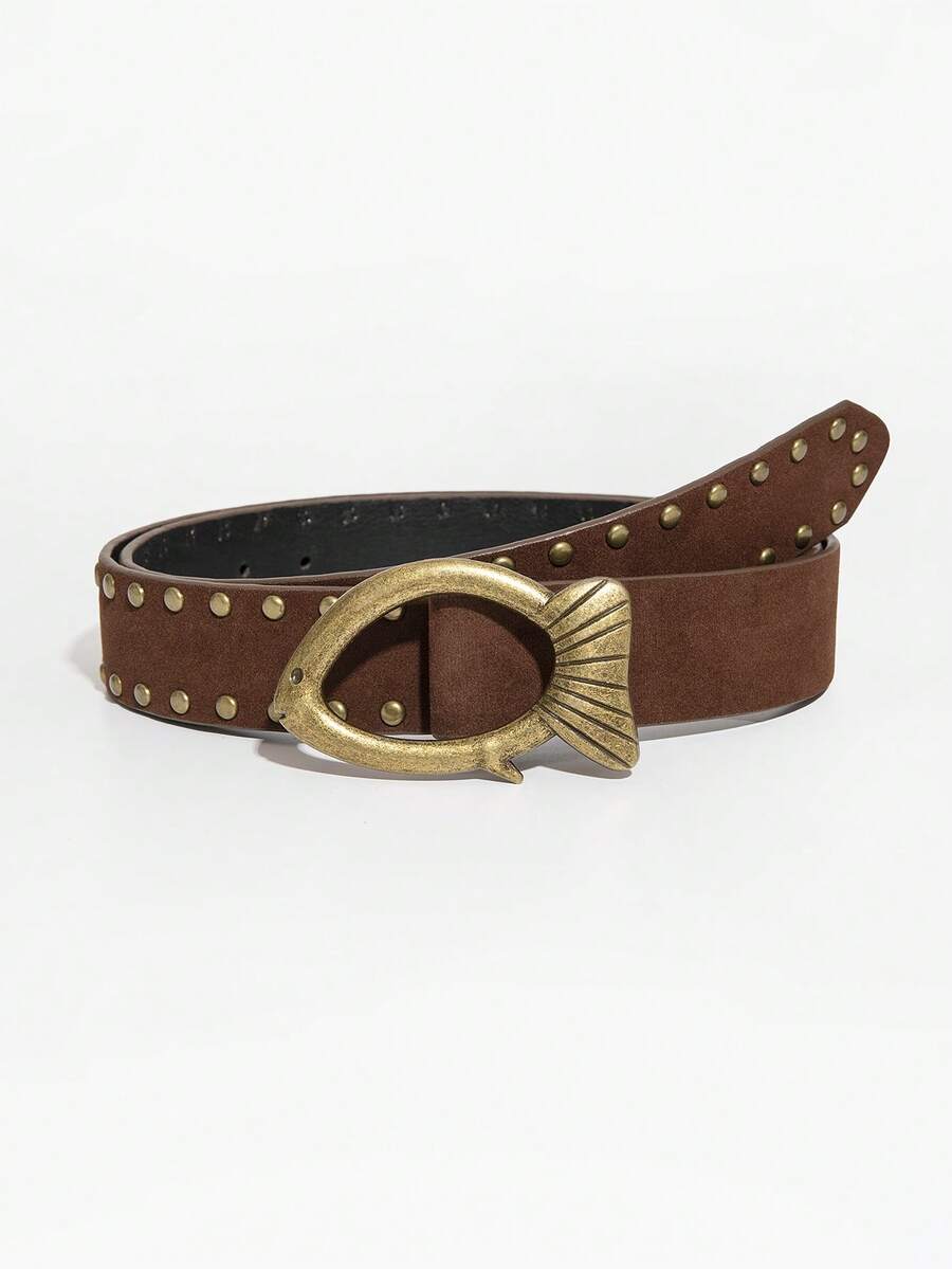 1pc Fish Head Geometric Buckle Rivet Winter Velvet Y2K Streetwear Casual Women Belt, Suitable For Commuting And Outdoor - Coffee - View 1