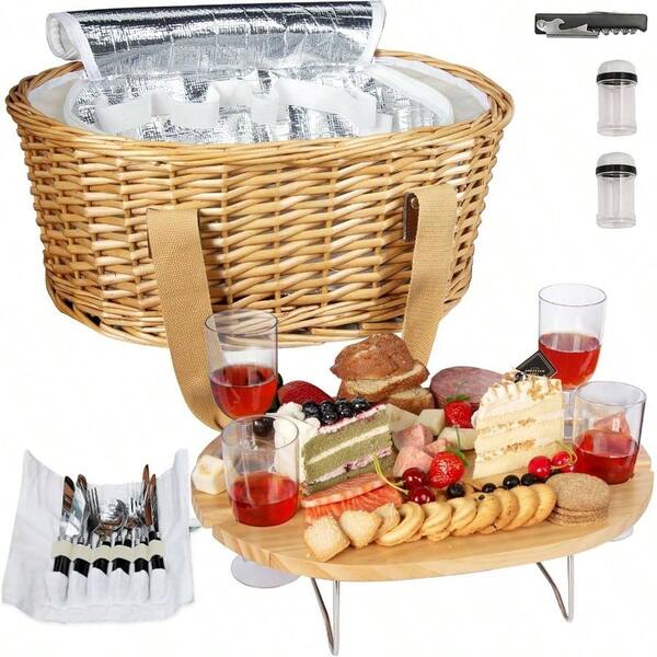 Wicker Picnic Basket Set 4 With Folding Wine Picnic Table Large Insulated Cooler Bag Cutlery Service Kits 4 Person, Couples Gifts, Wedding Gifts AU2209 - 4 -