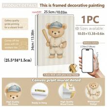 1pc, Canvas Wall Art, Framed Nursery Wall Decor, Teddy Bear Baseball Theme Painting, Teddy Bear Basketball Theme Painting, Teddy Bear Soccer Theme Painting, Sports-Themed Nursery Decor, Suitable For Children's Room Decor, Animal-Themed Nursery Art, Blue Striped Design Playroom Decor, Children's Room Artwork, Nursery Decorative Painting, Kindergarten Decor, Sports Enthusiast Decor Gift, Playroom Decor, Maternity Room Decor