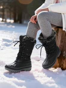 Boys And Girls Winter Snow Boots, Water-Resistant Mid Calf Boots With Anti-Slip Sole, Insulated & Cozy Faux Fur Lining For Little And Big Kids - 黑色 - 查看 2