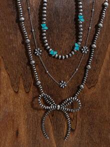 4pcs Women's Vintage Creative Elegant Fashion Metal Flower Decor Baroque Faux Pearl Necklace Set, Ocean Style Starfish Pendant Multilayer Necklace Set