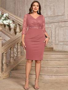 Plus Size V-Neck Contrast Color Floral Lace Sequin Waist Ruched Hem Elegant Cocktail Fitted Dress, Wedding Guest Dress, Suitable For Birthday, Graduation Ceremony - Dusty Pink - View 9