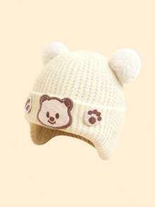 1pc 0-6 Months Baby Cartoon Bear Pom Pom Decorated Earflap Knit Hat, Warm & Versatile Cute Newborn Winter Cap, Suitable For Holiday Gifts And Daily Outdoor Use - Multicolor - View 11