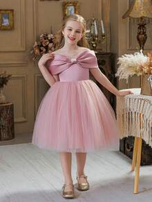 Váy công chúa vải tuyn không tay nơ cho bé gái, thích hợp cho tiệc sinh nhật, vũ hội, hoa cưới, phù dâu, lễ kỷ niệm ngày lễ - Hồng - Xem 2