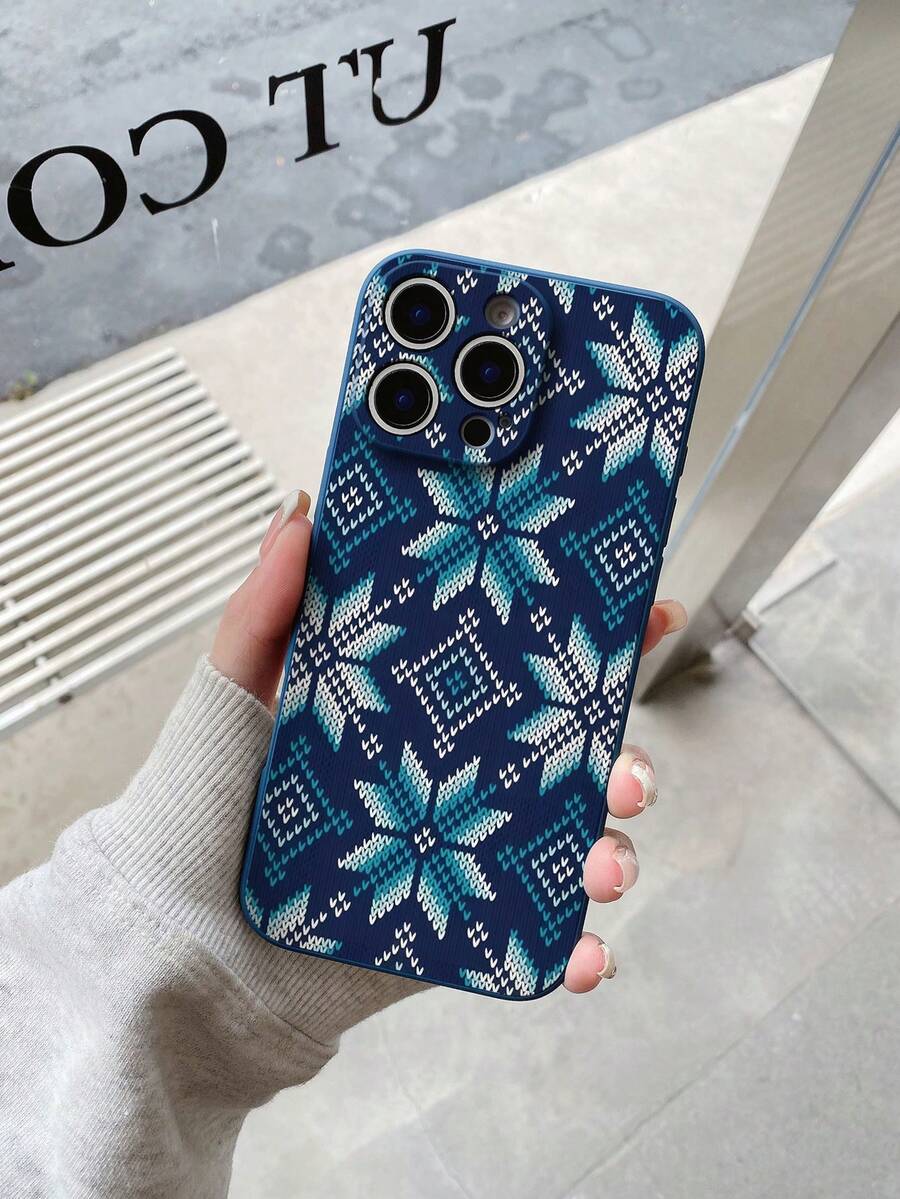 1pc Blue TPU Christmas Element Knitted Texture Pattern Full Coverage Phone Case, Minimalist Versatile Creative Personalized Phone Case, Suitable As Birthday, Holiday, Anniversary Gift For Girlfriend/Boyfriend, Best Friend, Spouse, Partner, Family, Coworker, Student/Teacher, Compatible With IPhone - Multicolor - View 1