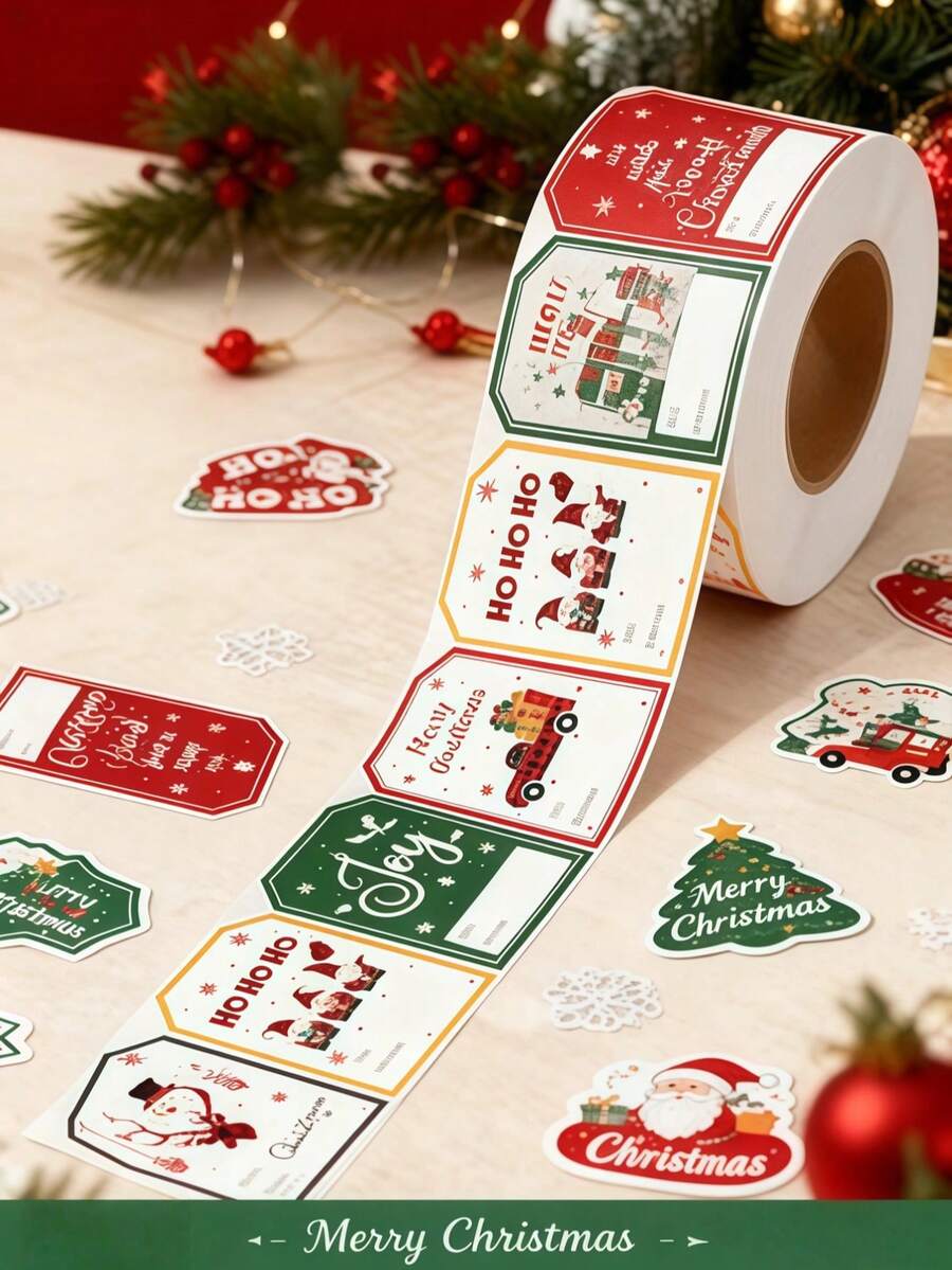 100 szt./rolka, dekoracyjne naklejki na prezenty z świąteczną atmosferą, kreatywny projekt świąteczny, idealne do pakowania prezentów świątecznych, samoprzylepne etykiety