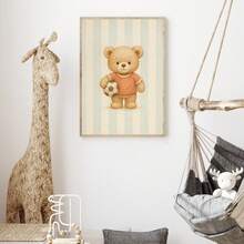 1pc, Canvas Wall Art, Framed Nursery Wall Decor, Teddy Bear Baseball Theme Painting, Teddy Bear Basketball Theme Painting, Teddy Bear Soccer Theme Painting, Sports-Themed Nursery Decor, Suitable For Children's Room Decor, Animal-Themed Nursery Art, Blue Striped Design Playroom Decor, Children's Room Artwork, Nursery Decorative Painting, Kindergarten Decor, Sports Enthusiast Decor Gift, Playroom Decor, Maternity Room Decor