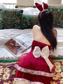 1件套圣诞战士性感兔女郎角色扮演服装5件套，甜美蕾丝边无肩带迷你裙套装 - 彩色 - 查看 3