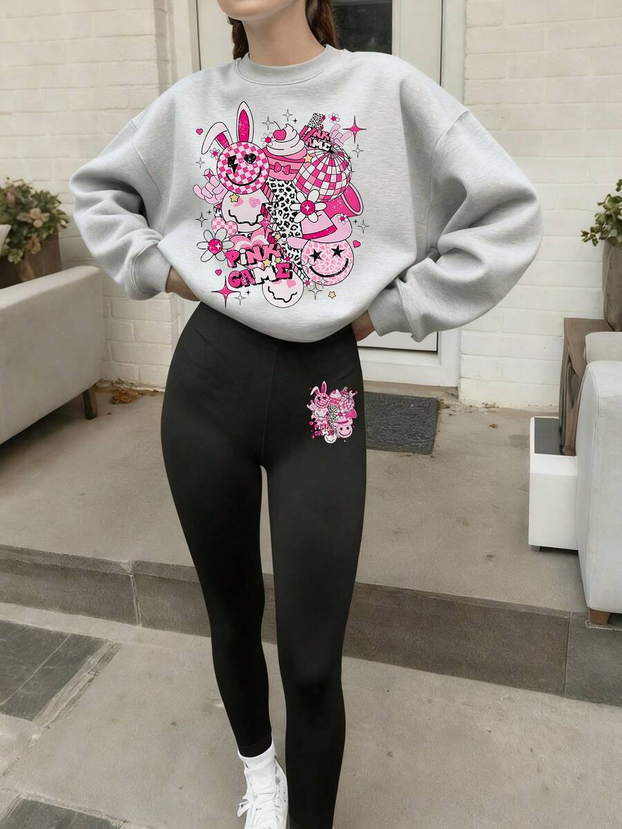 2pcs Teen Girl Sweet And Style Cartoon Print Sweatshirt & Leggings Set, Comfortable & Elastic, Spring Autumn Daily Leisure Wear - Grey - View 1