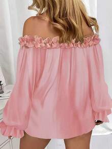 Blusa elegante de primavera/verano con hombros descubiertos y mangas largas, camisa holgada con puños con volantes, blusas para damas de tallas grandes - Rosa - Ver 2