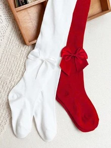 2pcs Children's Bow Decor Basic Tights, Sweet Style Red Leggings Suitable For Christmas - Red and White - View 3