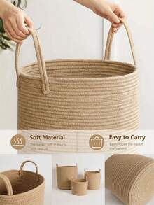 Cotton Rope Woven Laundry Basket, Nordic Style Toy Storage Bucket With Handle, Desktop Organizer Basket, Home Supplies Storage Basket, Bathroom Accessories Basket (Please Note The Size)