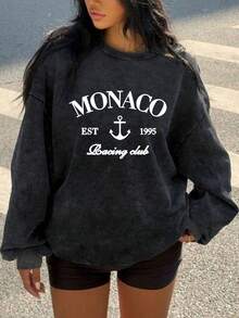 MONACO EST 1995 Racing Club Anchor Print Vintage-Style Sweatshirt, Retro Racing Monaco-Inspired Top, Plus Size Washed Sweatshirt, Crew Neck Long-Sleeve, Winter Lined, Women's Sports Pullover, Sweatshirt, Plus-Size Sportswear, Plus-Size Women's Clothing, Autumn And Winter Season, Comfortable Loose Fit, Plus-Size Autumn And Winter Apparel, Everyday Casual Wear.