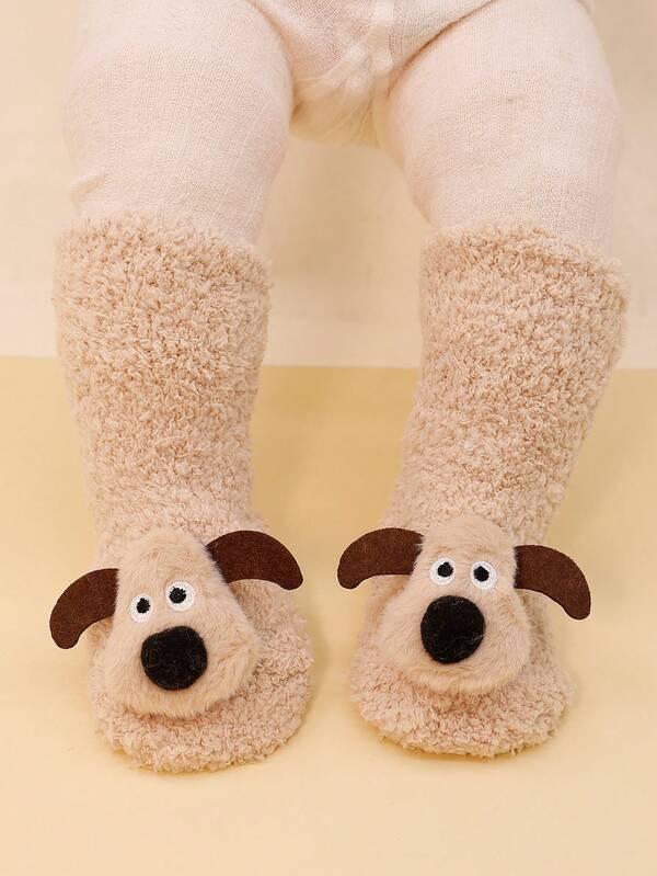 1 Pair Toddler Khaki Soft Thick Warm Cute Puppy Cartoon Knee-High Socks, Suitable For Everyday Wear In Autumn/Winter