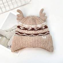 Christmas Beanie With Antlers For Women Winter Warm Knit Hat Soft Stretchy Earflap Hat For Outdoor Activities - 卡其色 - 查看 1