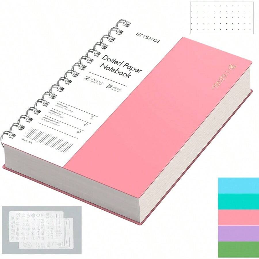 EMSHOI - Cuaderno en espiral A5 con puntos pequeño 5.7 x 8.2 pulgadas 300 páginas/150 hojas papel de cuadrícula de puntos de 100 g/m² tapa dura impermeable para oficina escuela mujeres hombres - Rosa - Ver 1