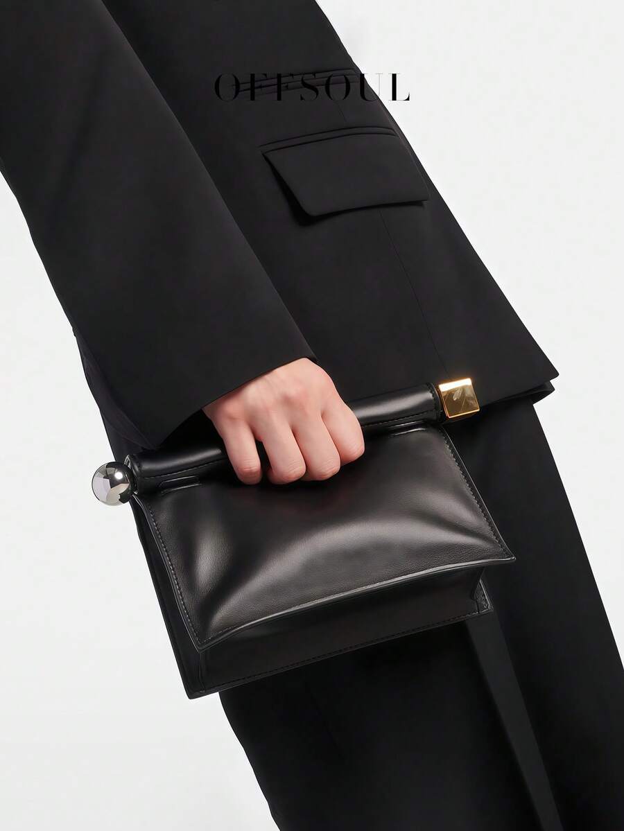 折叠卷边小手拿包，法式复古链条单肩包，新款派对宴会包，小方包，斜挎包，造型别致的晚宴包 - 黑色 - 查看 1