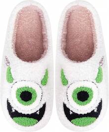 Cozy Plush Halloween Pumpkin Slippers, Non-Slip Fluffy Design - White Green - View 12