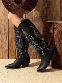 Womens Cowboy Cowgirl Knee High Boots Comfortable Pull-On Chunky Heel Embroidered Western Retro Tall Boots With Side Zipper - màu đen - Xem 2