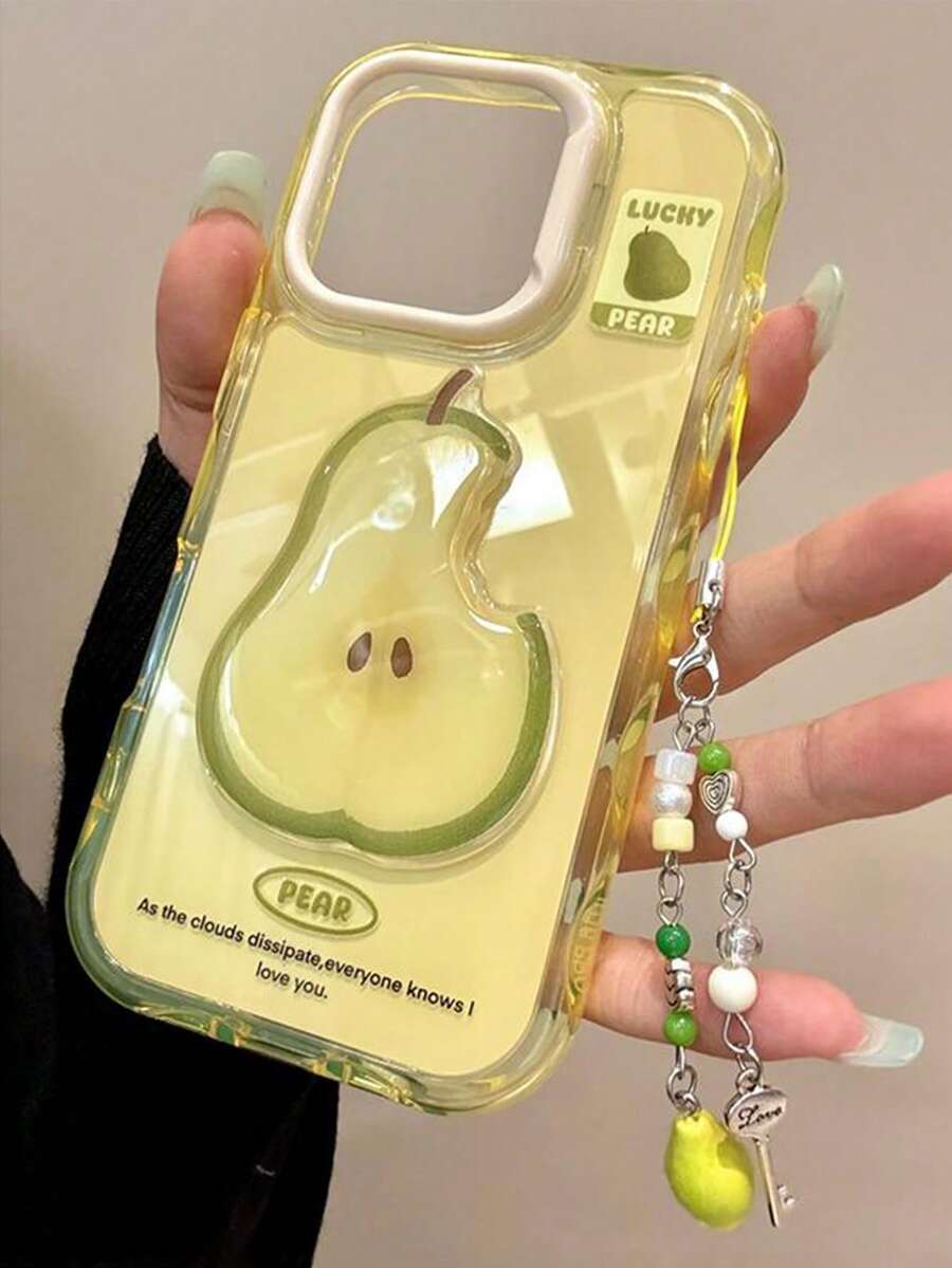 时尚防震手机壳，带挂绳，卡通苹果梨图案，适用于 17 Pro Max、17 Pro、17 Air、17，凸起边缘设计，防震，带挂绳保护套，春季礼物之选 - 黃色 - 查看 1