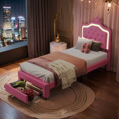 Single Bed Frame / Upholstered Platform Bed / Featuring Adjustable Crown-Style LED Headboard / PU Fabric / Sturdy Wooden Slats / Storage Space / No Mattress Required /Pink