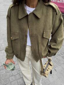 女士飞行员夹克，宽松春季外套，长袖，拉链，复古夹克。新款女士夹克，绿色外套 - 軍綠色 - 查看 1
