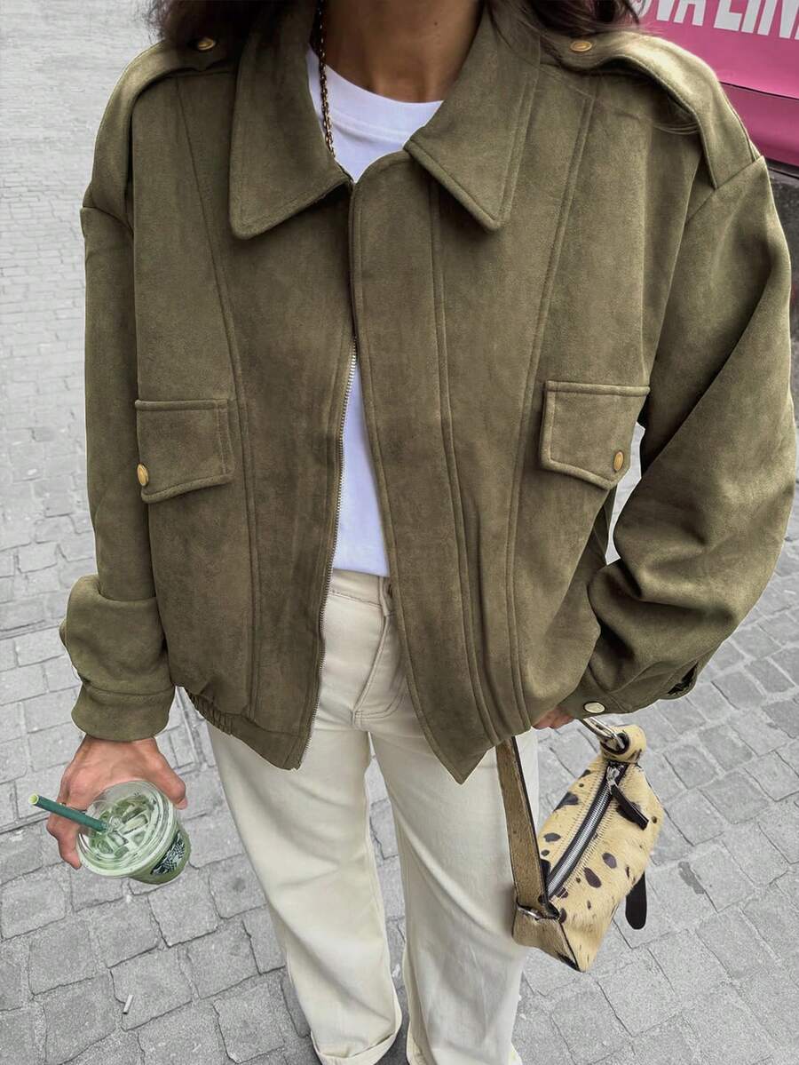 女士飞行员夹克，宽松春季外套，长袖，拉链，复古夹克。新款女士夹克，绿色外套 - 軍綠色 - 查看 1