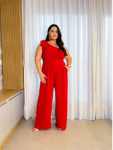 Women's Plus Size Curve Jumpsuit, Long, One-Shoulder, With Bow In Duna Print, Elegant For Parties - Đỏ - Xem 2