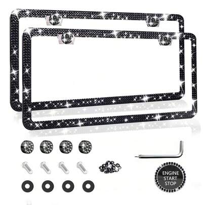 1PCS/2PCS Diamond Glitter Stainless Steel License Plate Frame, Ladies Car Decor, Comes With Easy Installation Kit And Start Button Sticker, For Car And SUV, American License Plate Standard, Fashion Accessory, Stylish Car Decor, Birthday, Holiday Gift