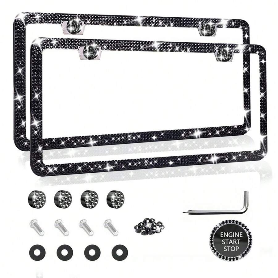 1PCS/2PCS Diamond Glitter Stainless Steel License Plate Frame, Ladies Car Decor, Comes With Easy Installation Kit And Start Button Sticker, For Car And SUV, American License Plate Standard, Fashion Accessory, Stylish Car Decor, Birthday, Holiday Gift - Đen 2 cái - Xem 1