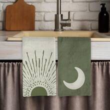 2-Piece Bohemian Green Sun Sunset Sun Moon Kitchen Towels, Microfiber Dish Cloths, 16x24inch - Soft, Highly Absorbent, Bathroom Hand Towels - Perfect For Home Use Or As Gifts, Gift Towels, Home Essentials, Bohemian Olive Green Tea Towels - 白色 - 查看 9