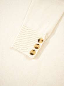 Acelitt Women's Camel Button Puff Sleeve Minimalist Crew Neck Knit Sweater, Autumn - Beige - View 8