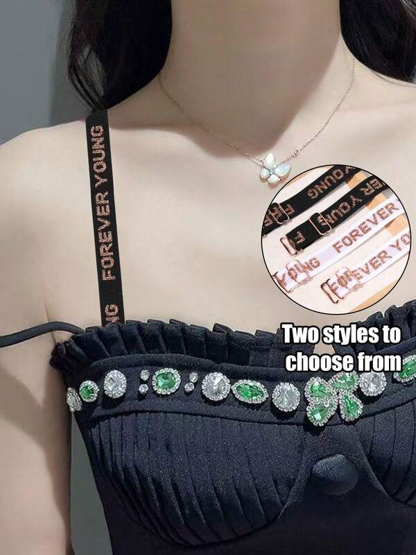 أشرطة كتف قابلة للتعديل للنساء، مطبوع عليها حروف بطريقة أنيقة وجذابة، مزينة بطبقة معدنية لامعة، مطاطية، بديل أشرطة الحمالة، مانعة للانزلاق، قابلة للفصل، مناسبة للفساتين الظهر والأكتاف المكشوفة وذات الحمالات الرفيعة