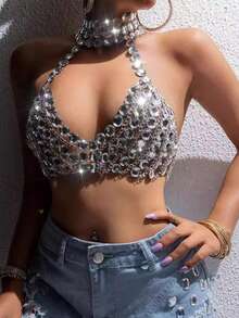 Women's Rhinestone Lingerie Tops Cute Sleeveless Backless Deep V Neck Halter Bra Tanks - Silver - View 2