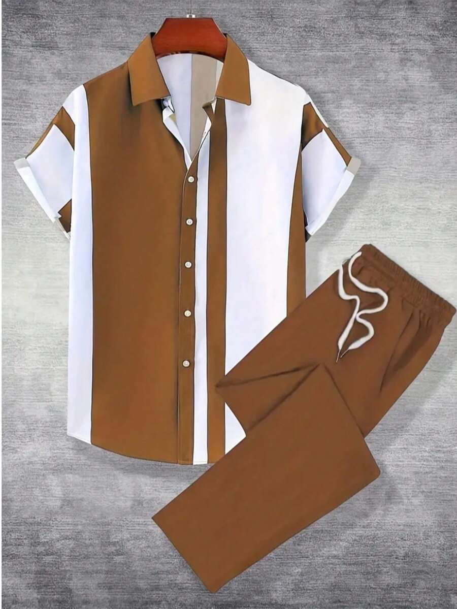 Men's New Fashion Comfortable Digital Printing Short Sleeve With Elastic Waist Long Trousers With Pockets Set Of 2 Pieces; Essential Holiday Gifts - 咖啡棕 - 查看 1