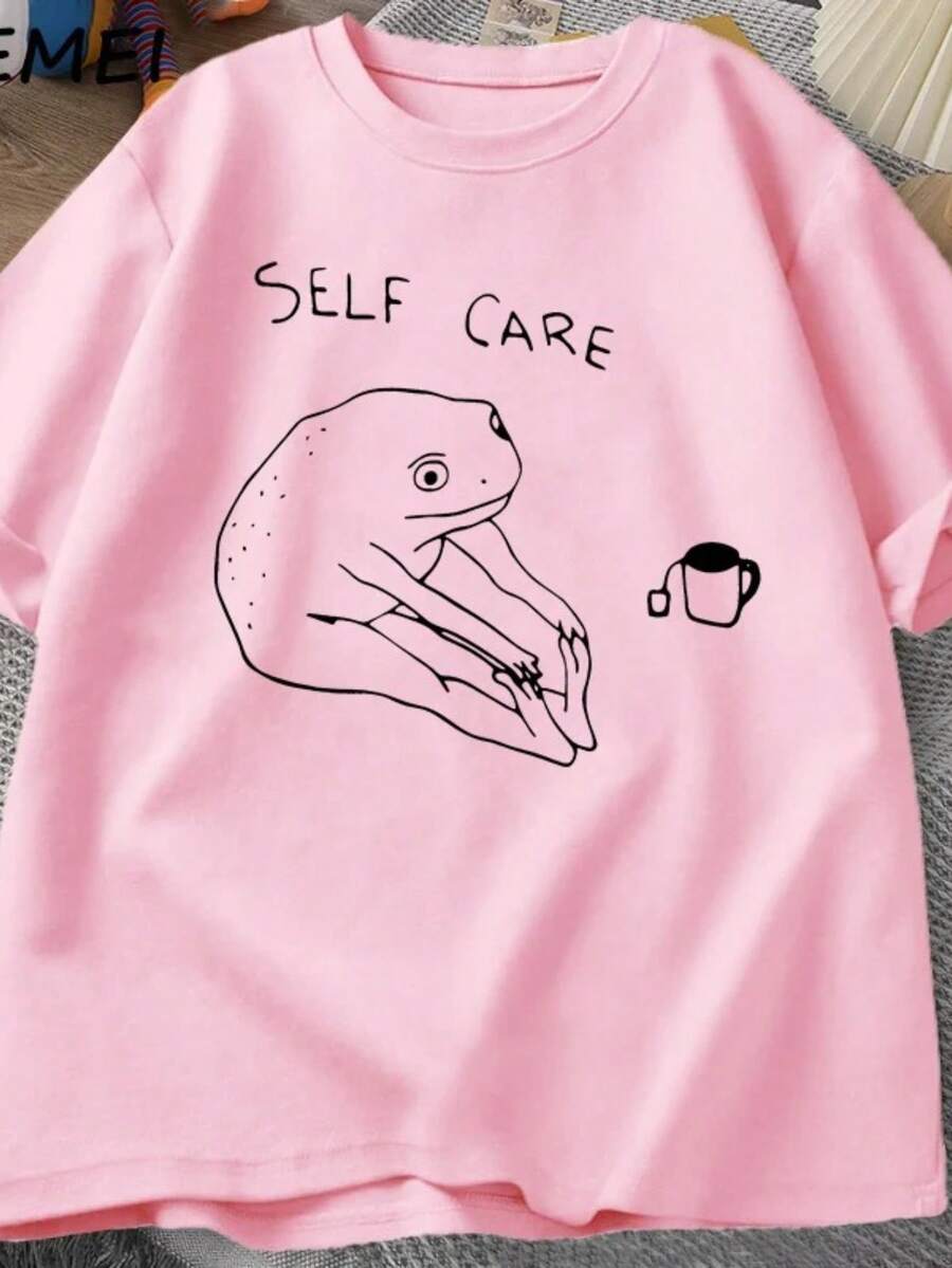 Stylish Women's Printed Self Care T-Shirt - New Release - 100% Cotton T-Shirt - Loose Oversized Plus Size T-Shirt For Stylish Women - Asphalt Vibe - 淺粉色 - 查看 1