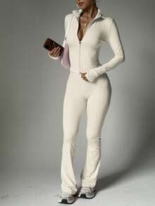 PinkTip Pink Tip 女士纯色无缝弹力夹克和紧身裤运动套装，提拉塑形，柔软紧身裤，休闲、健身、跑步、瑜伽、普拉提