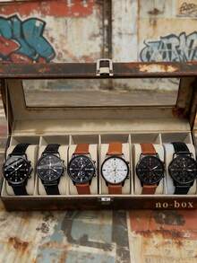 6pcs Minimalist Casual Men's Quartz Leather Watch Set, Suitable For Various Holiday Gifts - Multicolor - View 9