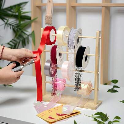 1pc Wooden Ribbon Organizer For Sewing, Gift Box Packaging And Yarn Storage, Vertical Desktop Wooden Ribbon Rack, Thread Organizer For Crafts, With Spool Holder, Ribbon Storage Rack, Multi-Size Yarn Ball Rack, Multifunctional Necklace Bracelet Jewelry Display Stand, Suitable For DIY Craft Room, Cake Shop, Gift Shop, Flower Shop And Everyday Home Use