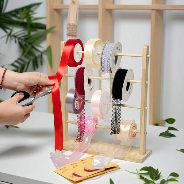 1pc Wooden Ribbon Organizer For Sewing, Gift Box Packaging And Yarn Storage, Vertical Desktop Wooden Ribbon Rack, Thread Organizer For Crafts, With Spool Holder, Ribbon Storage Rack, Multi-Size Yarn Ball Rack, Multifunctional Necklace Bracelet Jewelry Display Stand, Suitable For DIY Craft Room, Cake Shop, Gift Shop, Flower Shop And Everyday Home Use