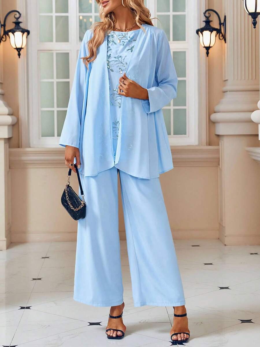 Women's 3PC Lace Pants Suits Mother Of Bride Dressy Elegant Sets Wedding Formal Outfit Christmas Gift & New Year Gift - 淺藍色 - 查看 1