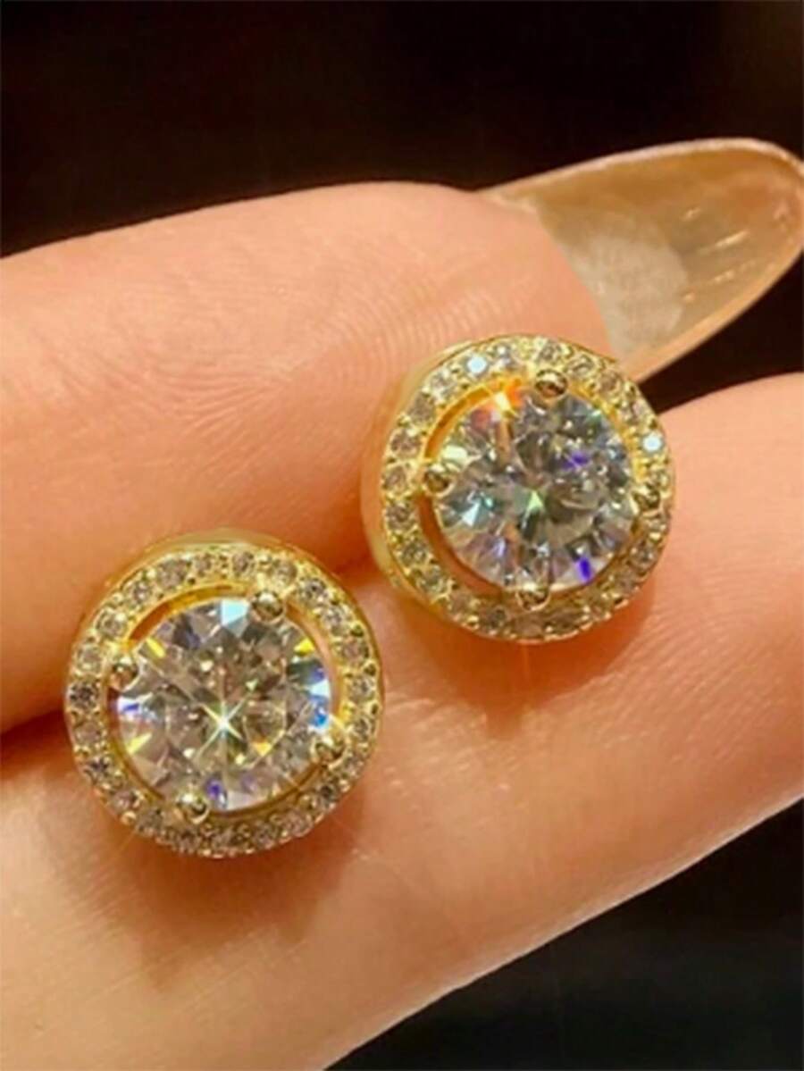 1 Cặp bông tai đinh tán tròn cổ điển bằng bạc Sterling S925 thời trang khảm đá Zirconia tổng hợp, trang sức thanh lịch và tối giản dành cho nữ - Vàng - Xem 1