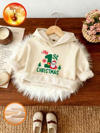 1pc Christmas Baby Girls Casual Printed Hooded Sweatshirt, "My First Christmas" Santa Claus & Christmas Tree Print, Brings Joy And Happiness To Every Child! Interesting And Colorful Hoodie Inspires Imagination