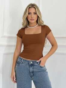 Set Of 3 Women's Baby Look Blouses With Square Neckline, Short Sleeves, Basic Shaping, Versatile, Casual Fashion, No Transparency, Fabric With Elastane, , Blogger Style, Affordable - BEIGE-bLACK-cOFFEE - View 4