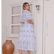 Women's Midi Dress With Embroidered Lace, All-Over Print, Embroidery, Button Detail, Ruffle Detail, Gathered Detail, Suitable For Formal And Evening Wear. - 查看 3
