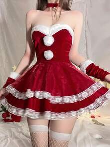 1件套圣诞战士性感兔女郎角色扮演服装5件套，甜美蕾丝边无肩带迷你裙套装 - 彩色 - 查看 2