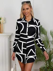 Elegante Vestido De Mujer Estampado,Vestido Camisero De Manga Larga, Vestidos Cortos Con Cinturón Para Dama - Negro - Ver 1