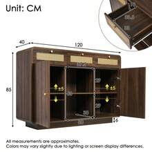 120cm Walnut Sideboard With Rattan And Gold Handles, 3 Drawers + 2 Cupboards + Open Shelf, Height-Adjustable Shelves, H85/W120/D40cm - 淺胡桃色 - 查看 7