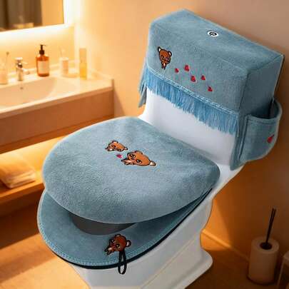 3Pcs Toilet Seat Cover Set Zippered Cute Animal Embroidered Soft Fleece Toilet Tank Lid Cover